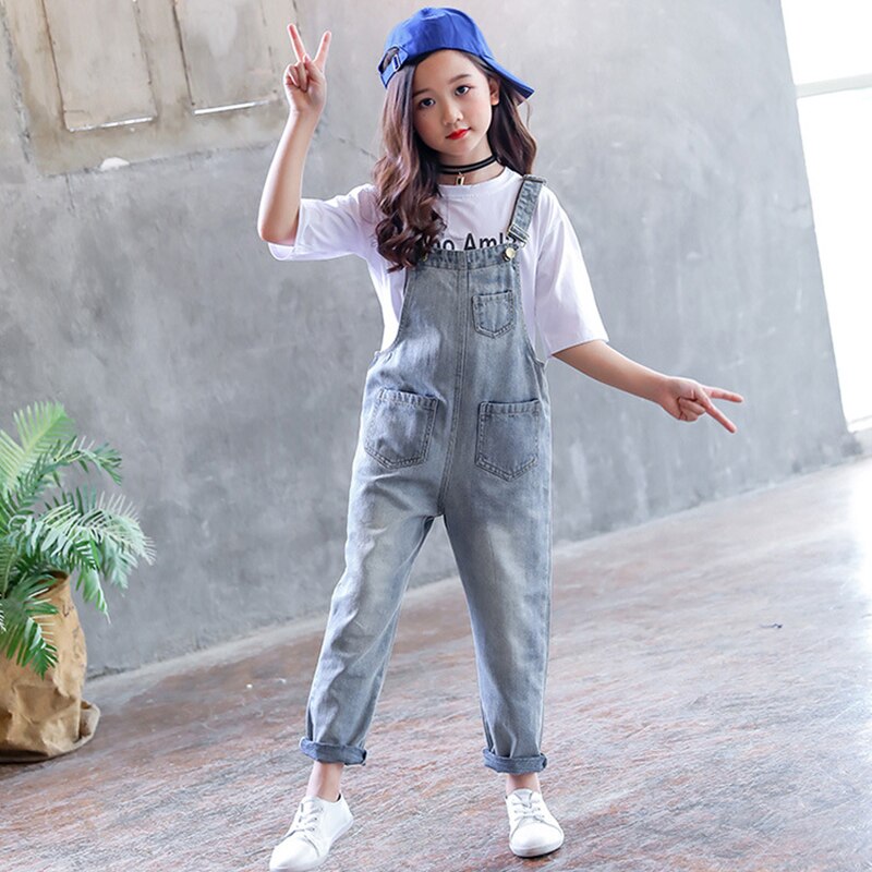 Børn teenagere piger vintage denim løs jumpsuit overalls playsuit til piger skole jeans jumpsuits romper tøj outfits