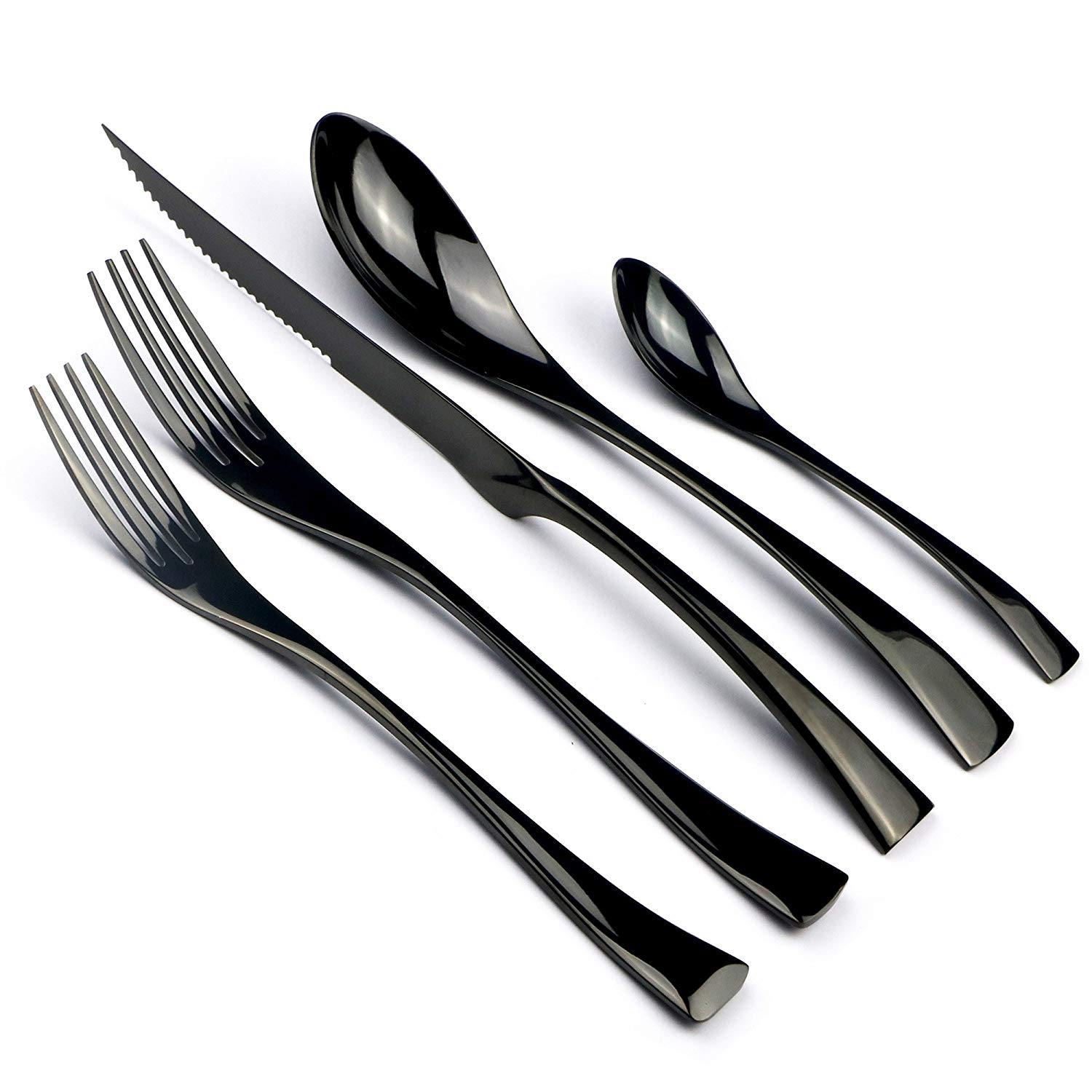 JANKNG 5-Pcs Silver Flatware Set 18/10 Stainless Steel Gold Dinnerware Serrated Knife Fork Spoon Cutlery Food Tableware: 1 set / Black