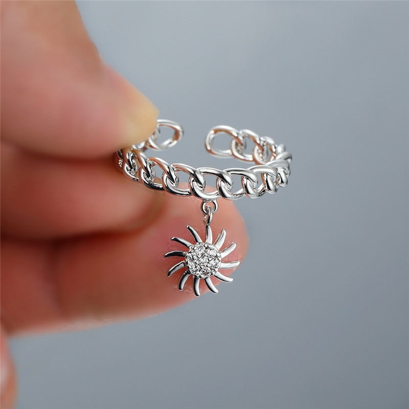 Trouwring Dames - Kristal Zonnebloem Hanger - Geometrisch - 4mm Band - Verlovingsring