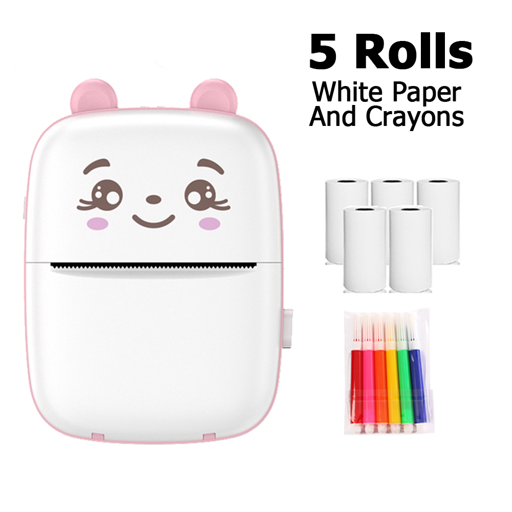 Portable Printer MINI Thermal Printer Ink-less Pocket Label Printer 58mm Printing Wireless BT Connect For Android IOS Printers: PINK PLUS 5 WHITE