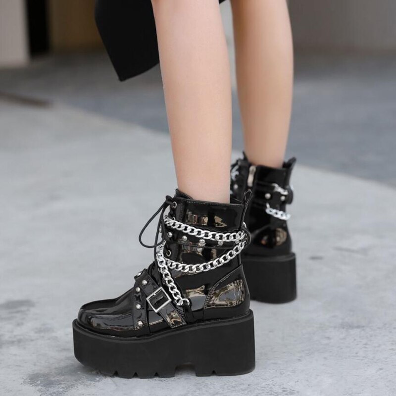 demonias shoes Women Boots Square Heel demonia boots platform shoes goth Band Thigh High Shoes Black Spring winter boots