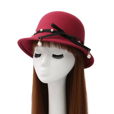 Mode Australische Wollen Fedora Hoed Strik Parel Hanger Noble Bowler Hoeden Voor Vrouwen Wide Brim Formele Kerk Cloche Hoed: 2