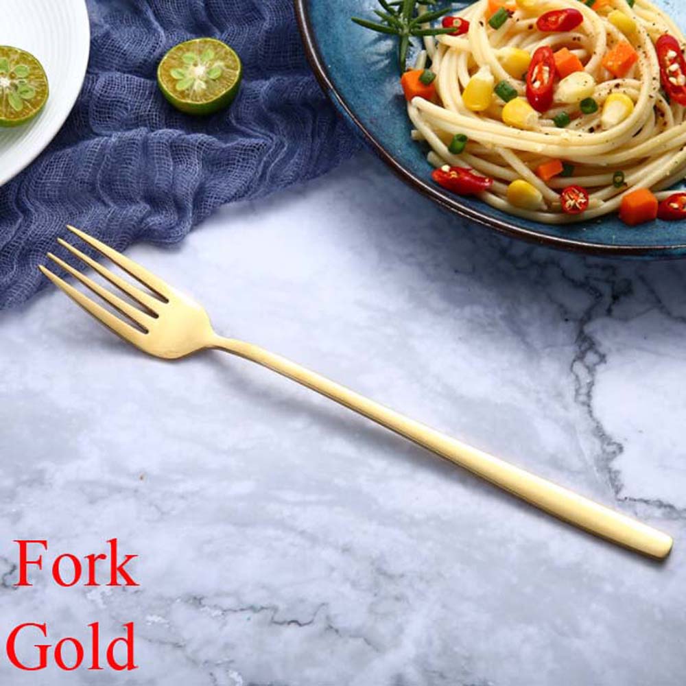 Cuillères et fourchettes à Long manche | Couleur arc-en-ciel en acier inoxydable, cuillère à soupe cuillère glaces thé cuillère à café vaisselle de table, couverts de maison: Fork gold