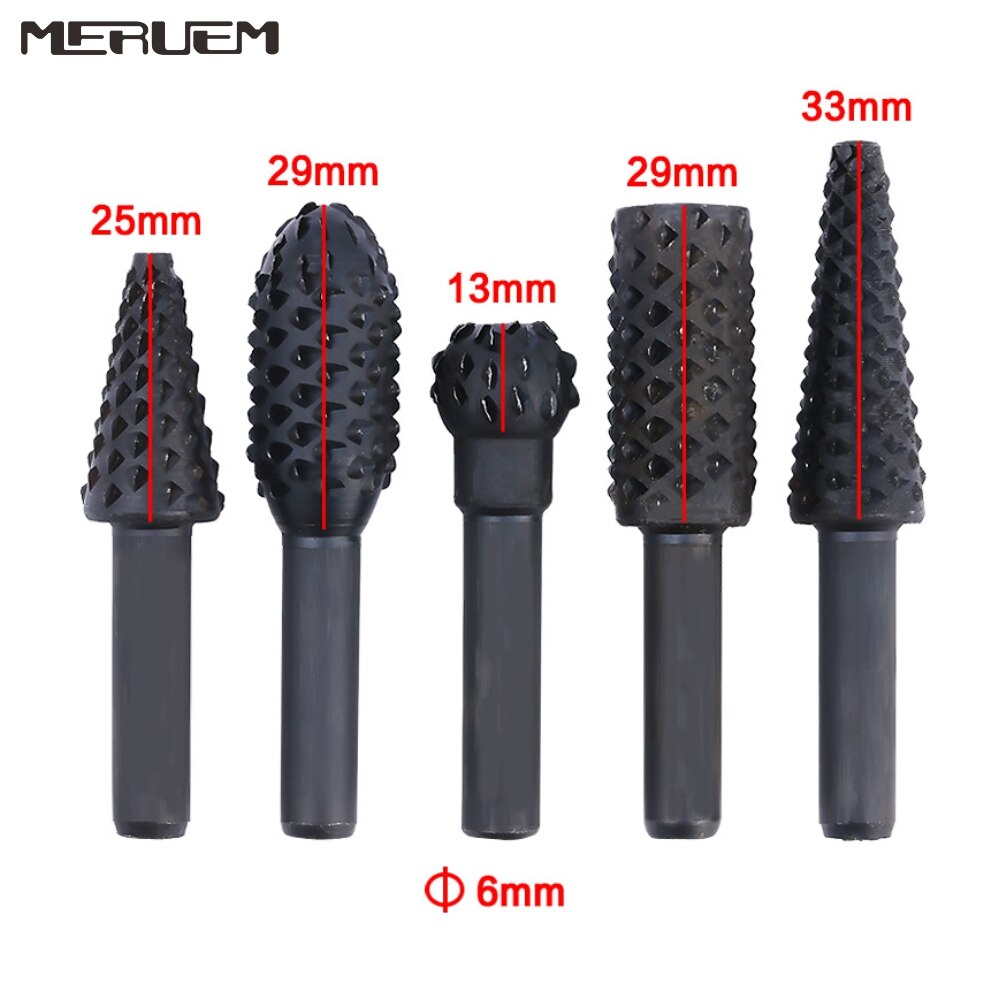 5pcs/6ps Steel Rotary Rasp File Set 6mm Shank Rotor Craft Files Woodworking Drill Bits Round Shank Rotary Burr Set