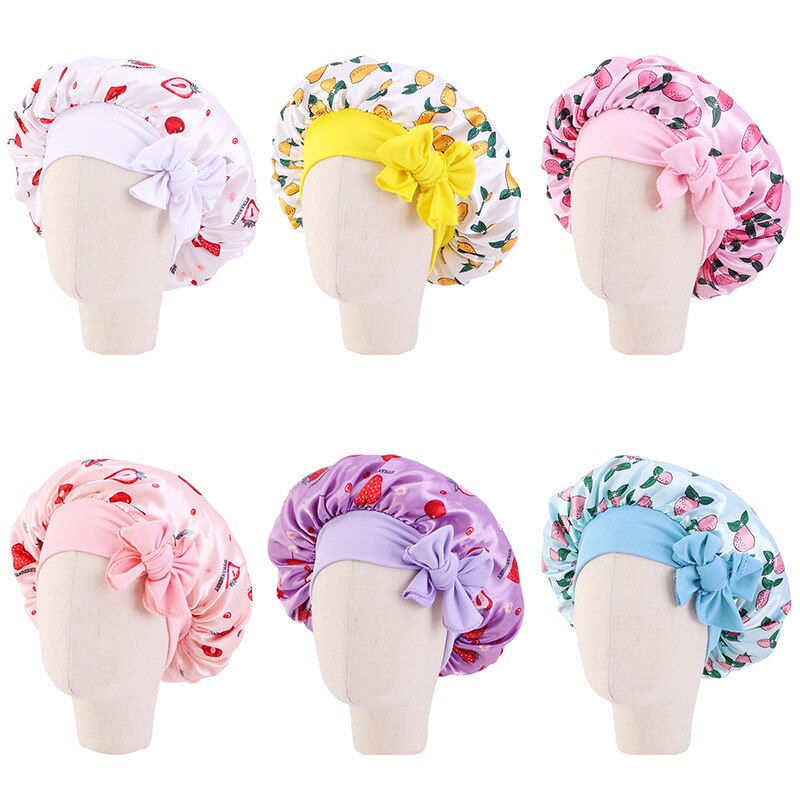 Gorro de satén para dormir para niño y niña, gorro de ducha de seda para niño, gorro de pelo para niño y niña, gorro de dormir de seda con lazo de banda estampado de flores