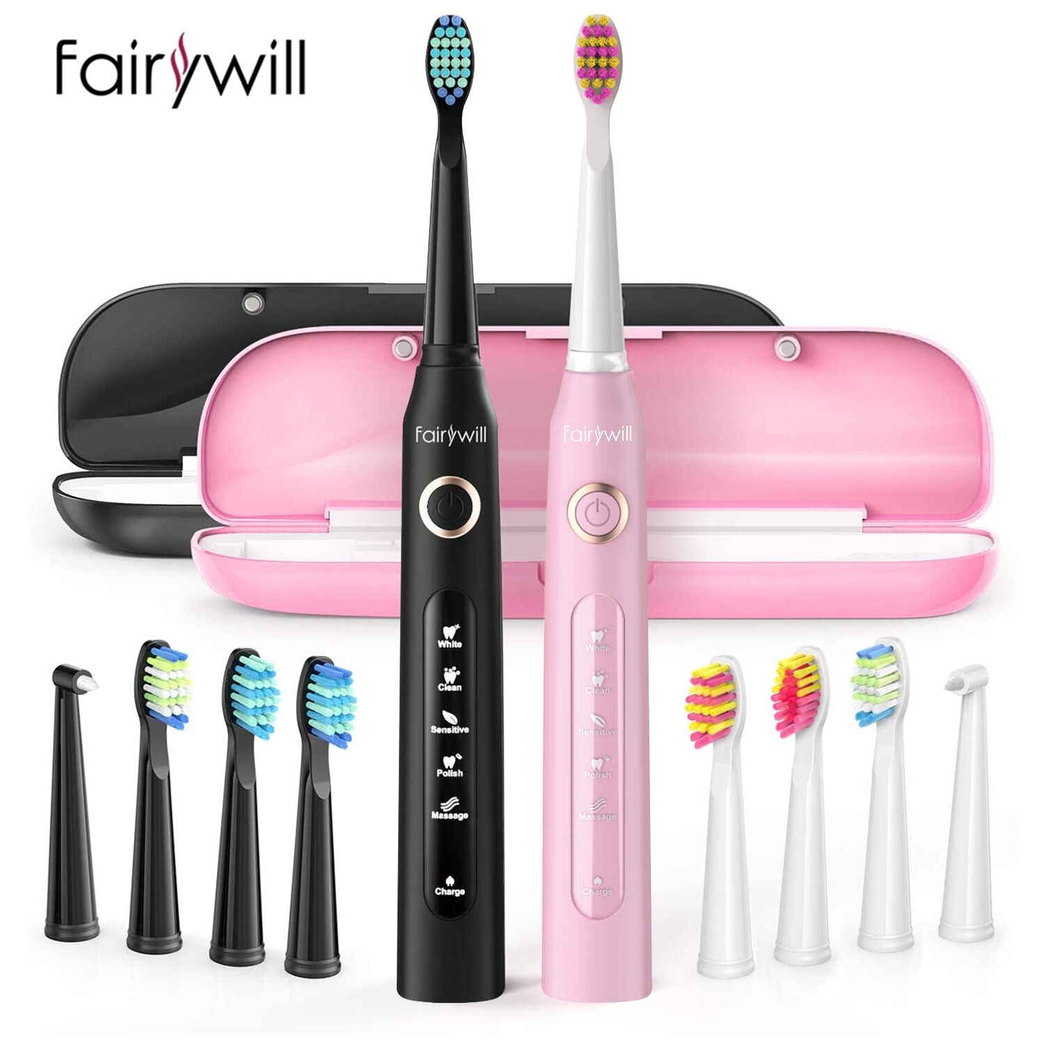 Fairywill Ultrasonic Automatic Electric Toothbrush Timer 5 Modes Rechargeable Toothbrush USB Fast Charging with 3 Brush Heads: 507-420-BP-Set