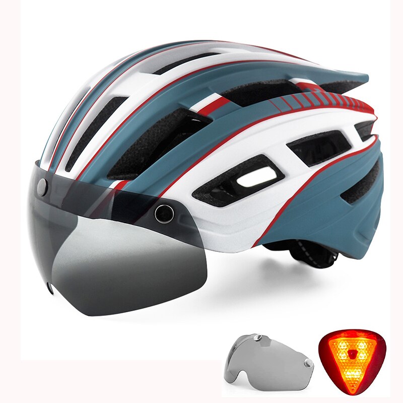 Casco de bicicleta, casco de bicicleta con luz trasera y gafas magnéticas desmontables y mochila portátil Casco de ciclismo ligero ajustable para adultos Hombres Mujeres Montaña y carretera: Mix Lake Blue