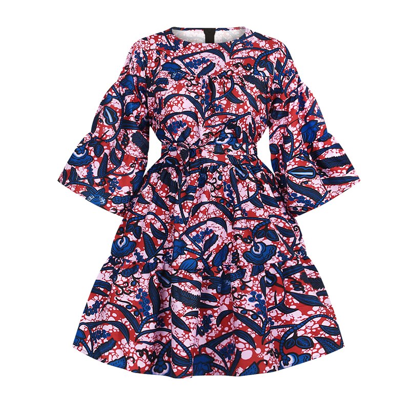 Langarm Kleid Frauen Afrikanische Kleidung Floral Print Dashiki Bazin Kurzen Rock Set mit Gürtel Trompete Hülse Kleider Neue: Color2 / L