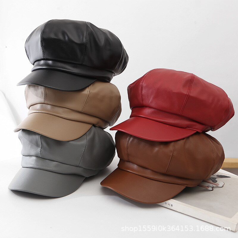 Boina T-MAO de cuero Pu para hombre y mujer, gorro liso Vintage, , Color sólido, para invierno
