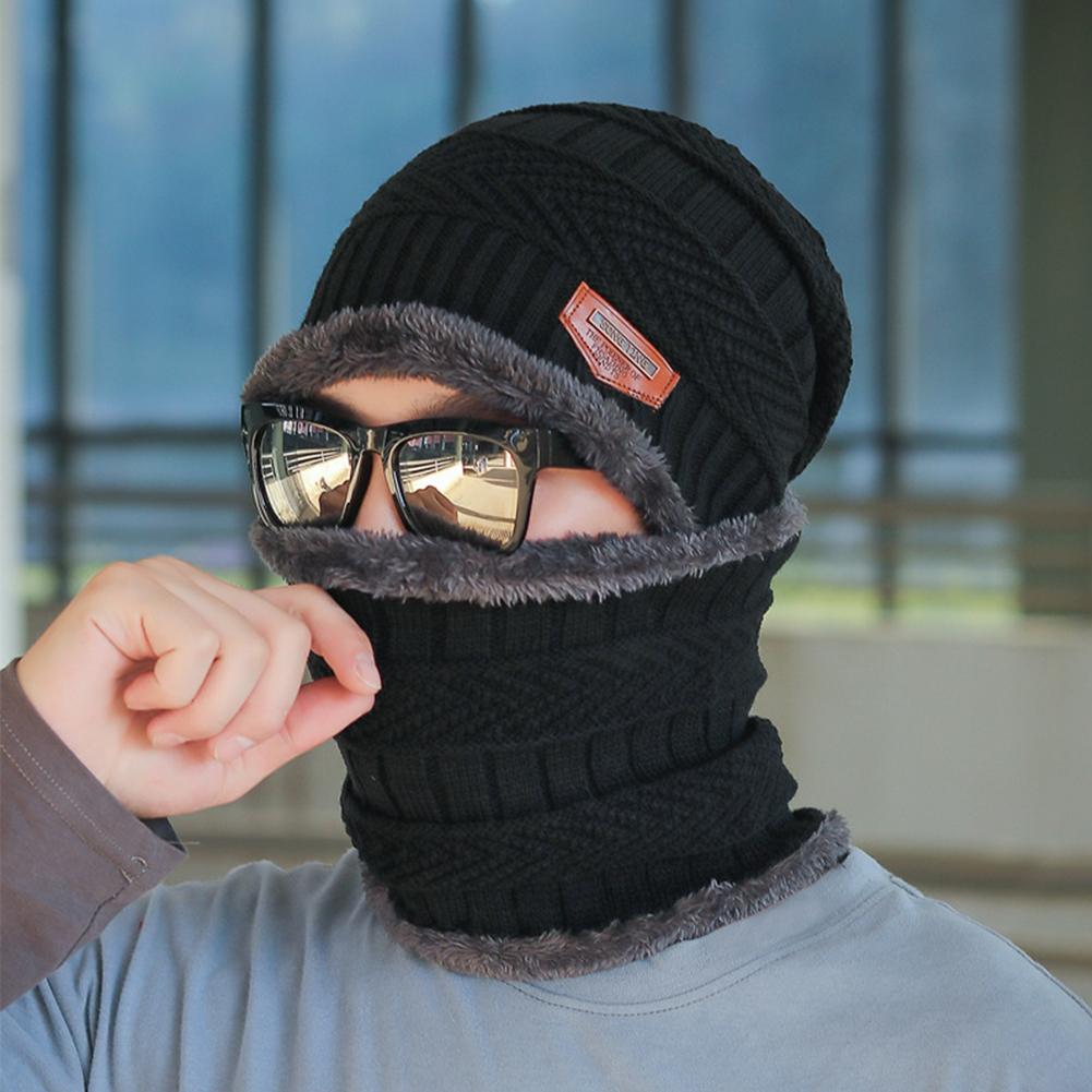 Winddichte gebreide muts/sjaalset voor heren in de winter, warme, dikke fleece muts/sjaalset, effen gebreide skimuts/ringsjaal