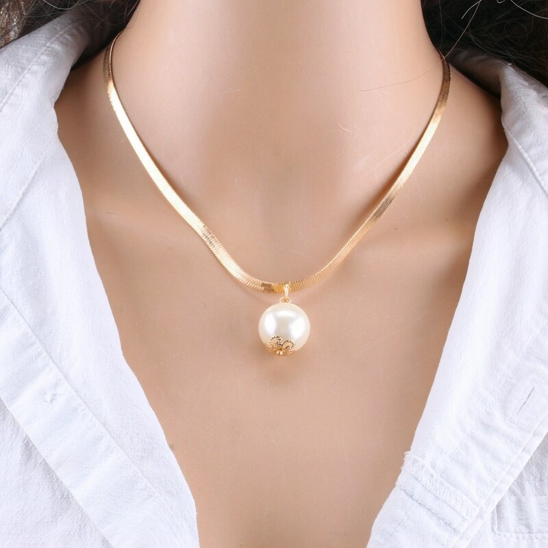 Women punk 2 Layers Pearls Pendants Necklaces Metal Snake Chain Necklace Jewelry