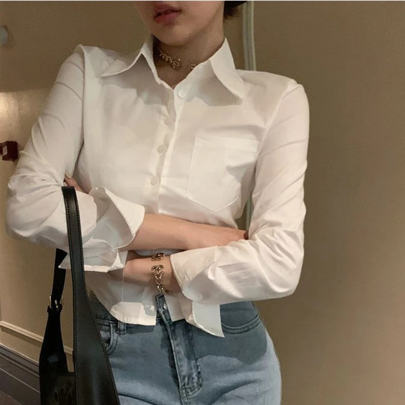 Camisa coreana blanca de oficina de gasa para mujer, blusa con solapa y botones de bolsillo para mujer, Tops cortos de manga larga para ir al trabajo para primavera: M / Blanco