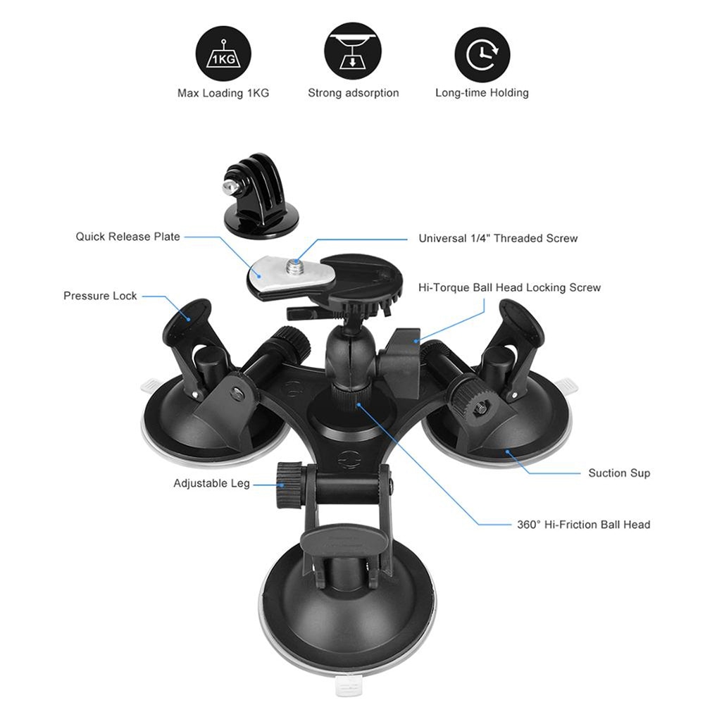 Super Tri-Cup Camera Suction Mount DSLR Action Cam Camcorder Car Wall Mount Holder for GoPro Hero 5/4/3+/3/ SJCAM