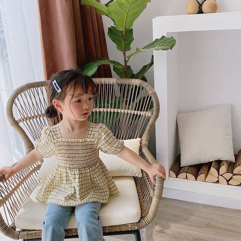 Piger plaid babyskjorter børnefirkantet krave pufærmer kortærmet koreansk sommerskjorte