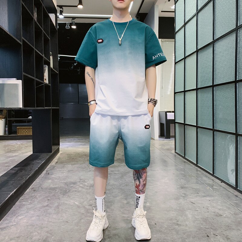 Herresæt 2- delt outfit sportssæt kortærmet sommer fritids træningsdragt tynde t-shirt shorts jakkesæt gradient: Kcd 532 grøn / Xs