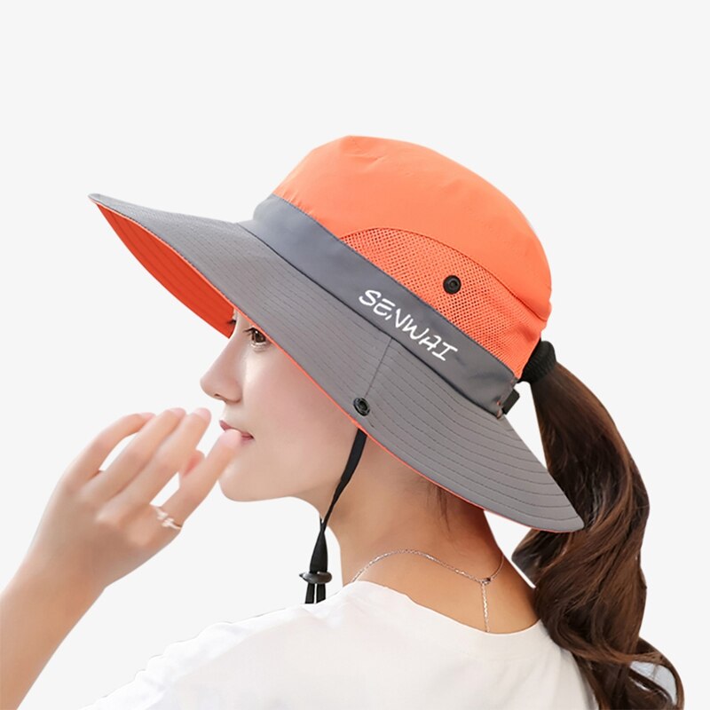 Hurtigtørrende spand hat bred skygge åndbar pakke sammenfoldelig solskærm solhestehalehætte med hagerem: Orange