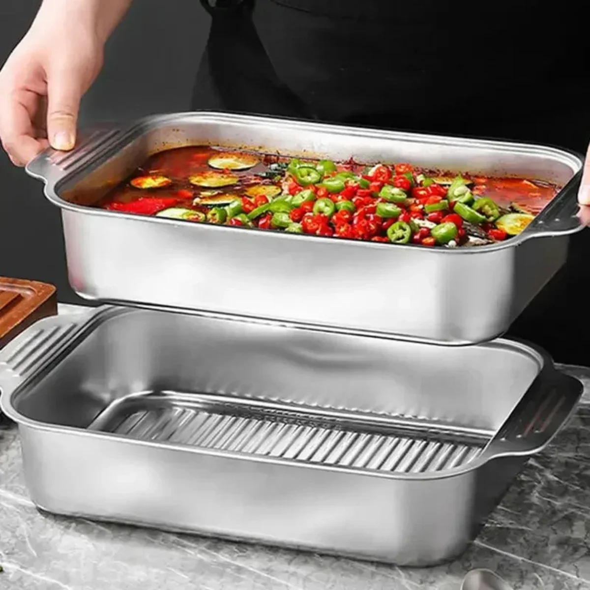 Tiefe Backform aus Edelstahl mit Deckel, multifunktionale, rechteckige, ofensichere Backformen für Küchen-Meeresfrüchte, gegrillte Fischpfannen