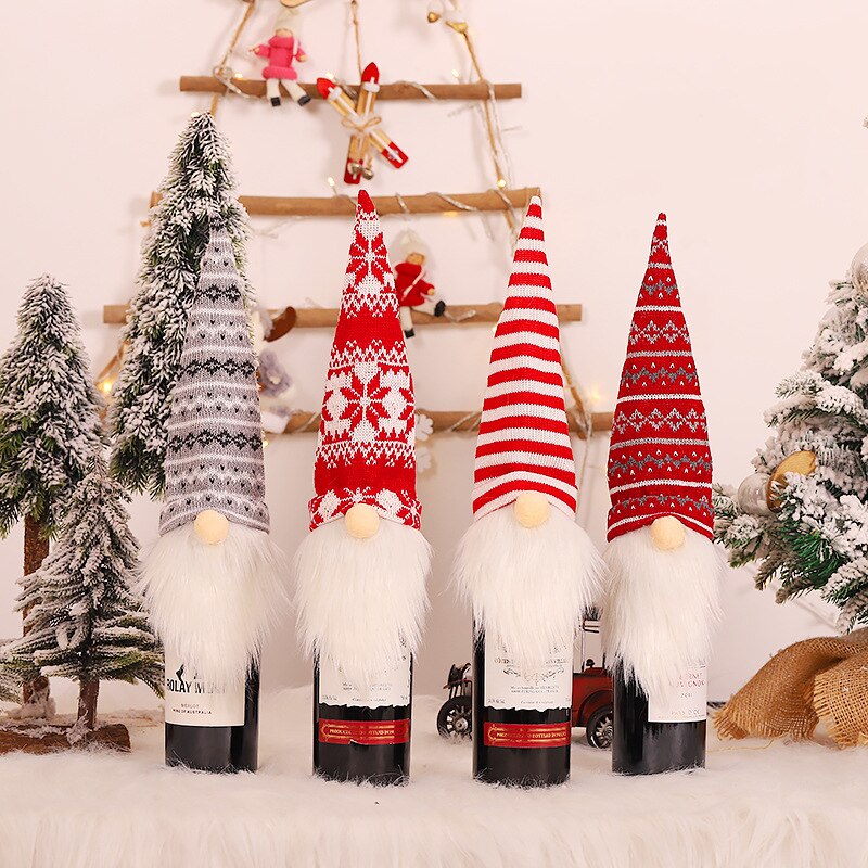 Bolsas navideñas para botellas de vino, envoltura de lana de punto sin rostro de Santa, cubierta de botella de vino tinto de Navidad, envoltura de botella de champán, decoración de Navidad