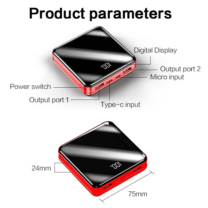 Mini Power Bank 20000mAh For Xiaomi Phone 20000 mah Portable Charger LED Mirror Back Power Bank External Battery Pack Powerbank