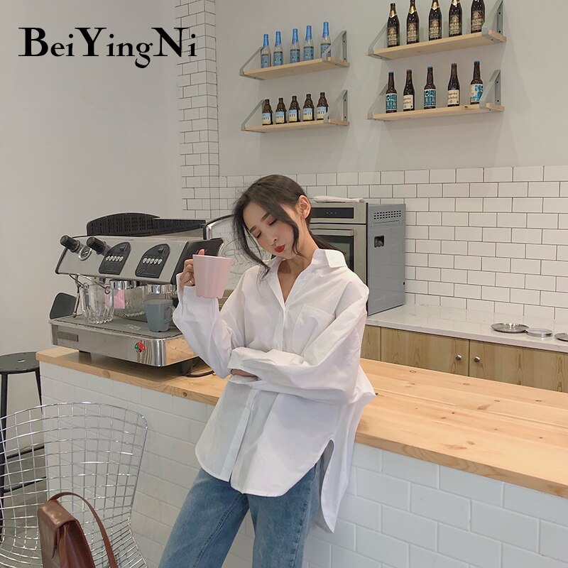 Beiyingni Frühling Herbst Frauen Hemden Weiß schlicht verlieren Übergroßen Blusen Weibliche Spitzen verlieren BF Koreanische Stil Blusas Taschen