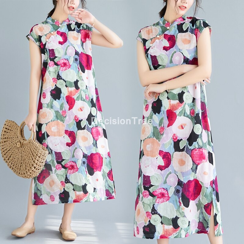 Chinese Jurk Cheongsam Qipao Moderne Cheongsam Jurk Korte Mouw Bloemenprint Qipao Robe Chinoise Vestido Oosterse Jurk: XL