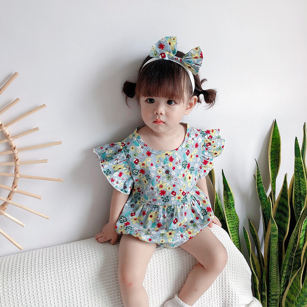 Meisje 2Pcs Bloem Gedrukt Romper Set, fly Mouwen Ronde Hals Driehoek Bodysuit Met Hoofdband Voor 0-24 Baby Zomer Dragen: 1 / 12m
