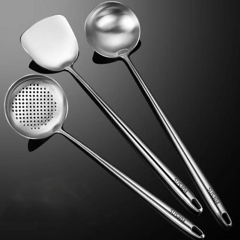304 Stainless Steel Wok Spatula Metal Kitchen Accessories Slotted Turner Rice Spoon Ladle Cooking Tools Utensil Set: Ivory