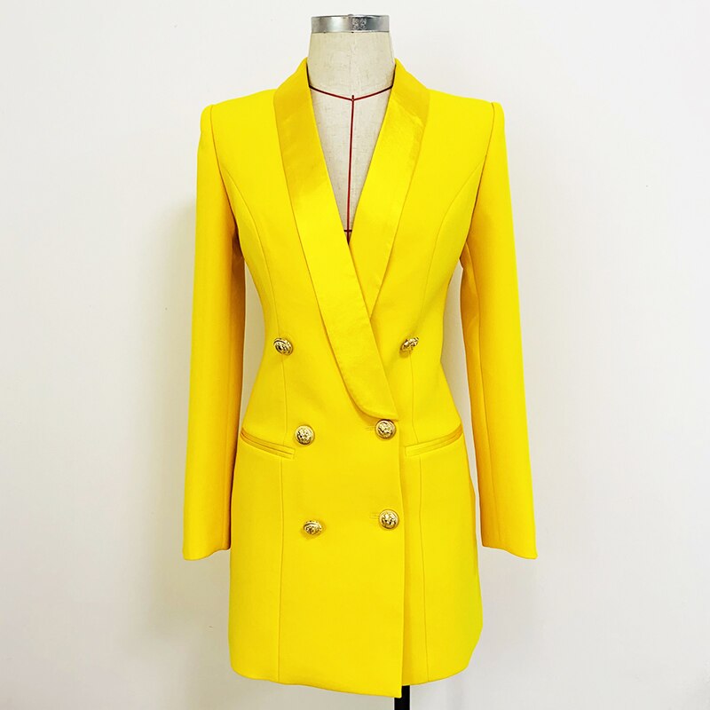 Blazer Long en Satin jaune Fluorescent, de , col châle, boutons lions, Double boutonnage, 2022