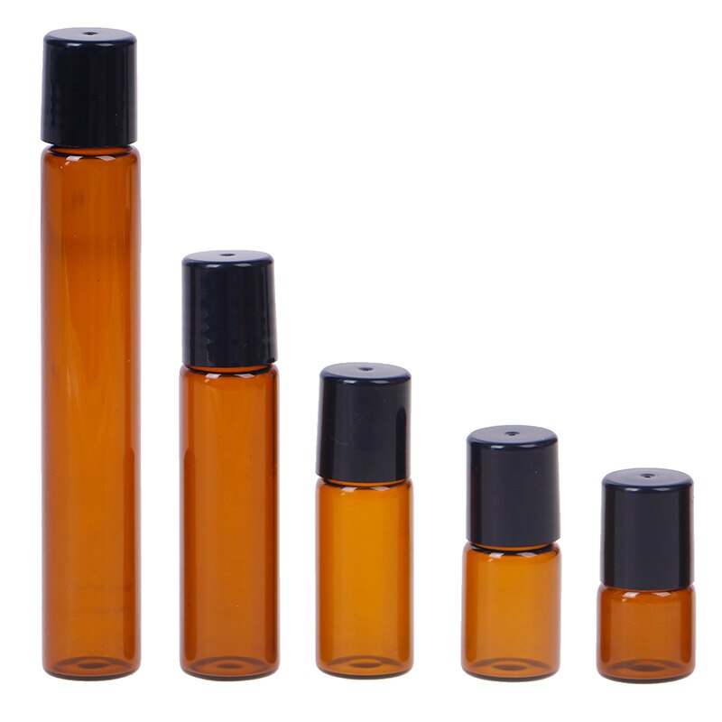 Botella de vidrio ámbar Roll On Roller, viales marrones de aceite esencial, botella de prueba de muestra con bola de Metal, 1ml, 2ml, 3ml, 5ml, 10ml, 5 unids/paquete