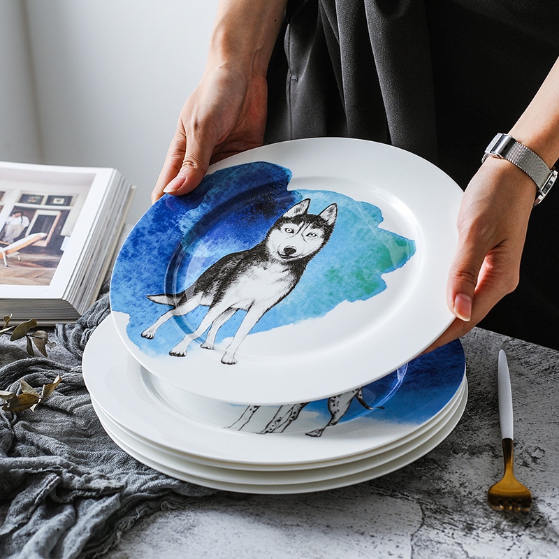 10inch Porcelain Dog Plate Bone China Dinner Dishes Cute Serving Plate Collectible Art Pupply Lover Ceramic Animal Platter