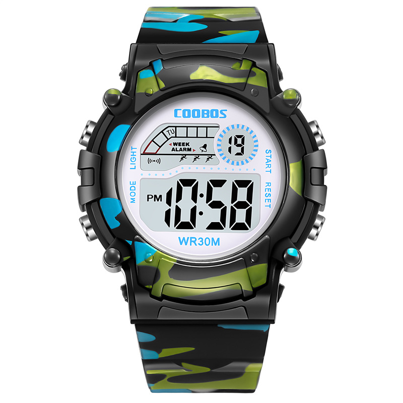 COOBOS Kinderuhr Tarnung Sport Elektronische Digitaluhr Wasserdichte Multifunktions-LED-Uhr für Jungen Mädchen Kinderuhr: Schwarz