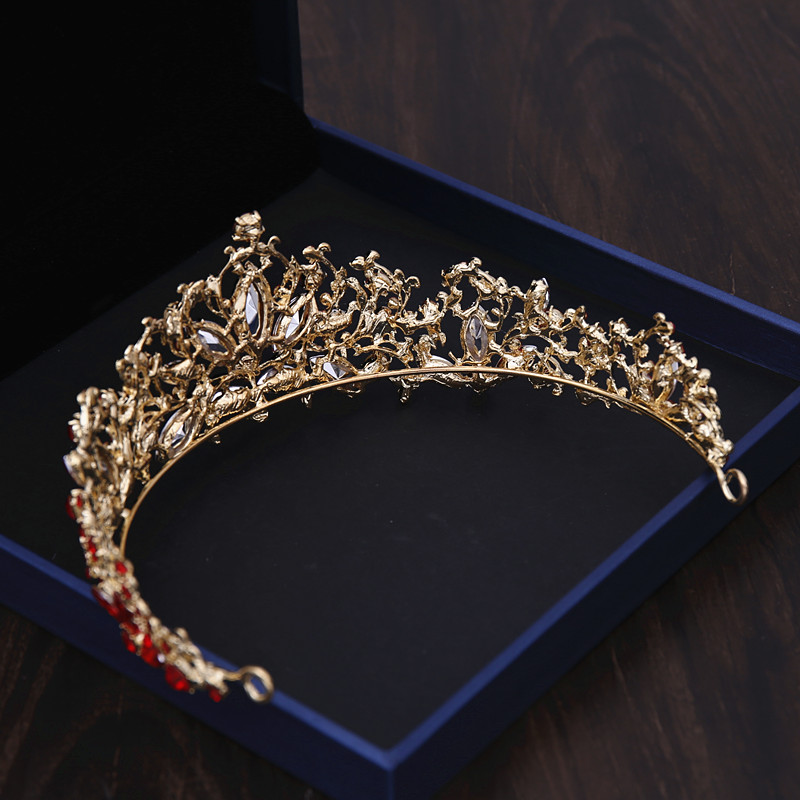 Barokke Rode Kristal Gouden Kleur Bruids Sieraden Sets Strass Kroon Ketting Oorbellen Voor Vrouwen Vintage Bruiloft Haaraccessoires