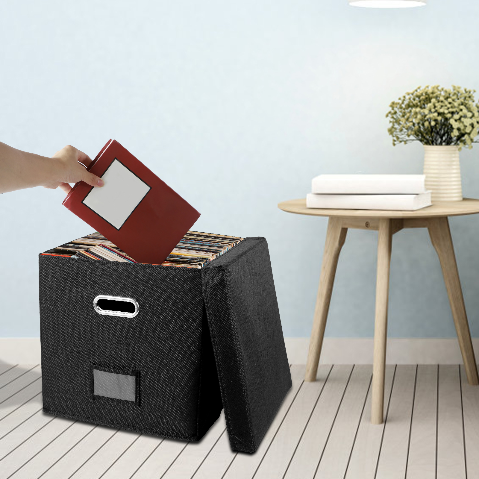 Contenedor de almacenamiento de discos de vinilo plegable, caja organizadora de almacenamiento de álbumes apilable con tapa, capacidad para 50 álbumes, registro práctico para armario