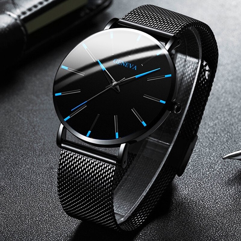 Minimalistiske herre ultra tynde ure simple herre business rustfrit stål mesh quartz ur