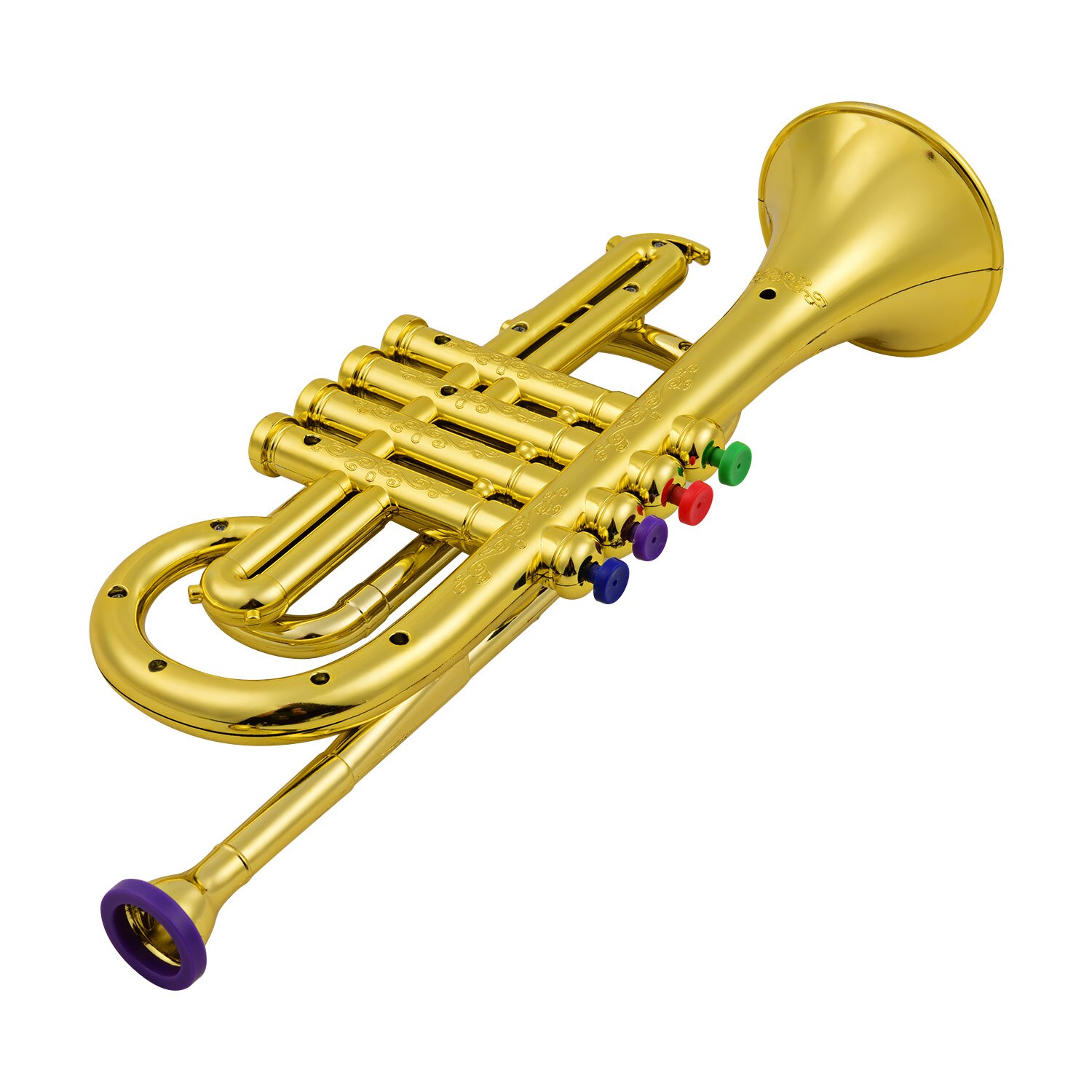 Leksakstrumpet barn musikaliska blåsinstrument abs metalliskt guldtrumpet med 4 färgade nycklar