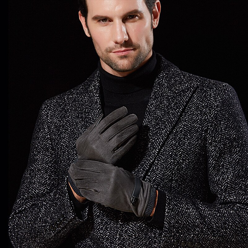 Guantes para conducir de gamuza para hombre, invierno, mantener el calor, además de terciopelo, pantalla gruesa, guantes de invierno a prueba de viento, cuenco de punto, boca, dedo completo: DY07 gray