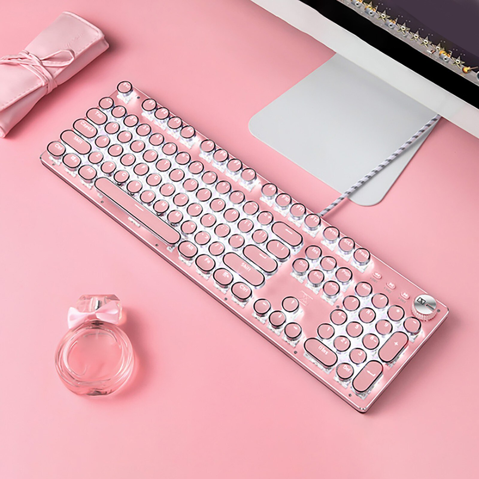 Teclado mecânico do jogo do punk do diodo emissor de luz retroiluminado profissional com fio teclado do jogo todas as chaves são apropriadas para laptops do computador: Pink 