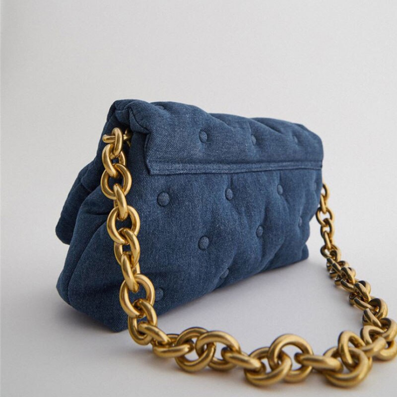 Branded Vrouwen Schoudertassen Denim Dikke Metalen Ketting Schouder Portemonnees En Handtas Vrouwen Clutch Bags Dames Hobo tas