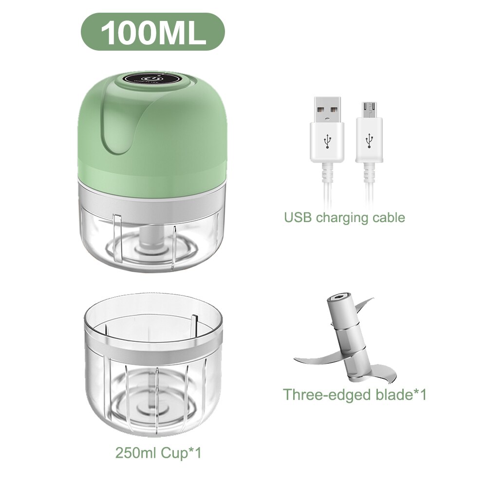 100/250mL Mini Electric Garlic Chopper USB Meat Grinder Garlic Masher Machine Sturdy Durable Vegetable Crusher Kitchen Tool: 100ml set green