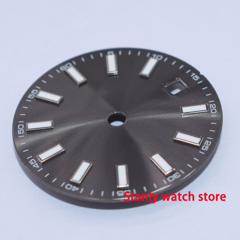 Gran , 29mm, dial gris estéril, marcas luminosas, abertura para fecha, esfera del reloj fit ETA 2824 2836, movimiento