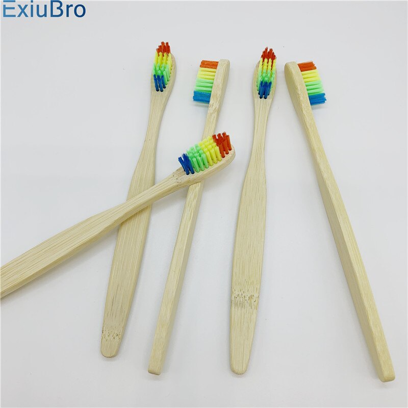 ExiuBro Rainbow Bristle Vegan Free Bamboo Toothbrush Flat Handle Biodegradable Bamboo Tooth brush Eco friendly Bamboo Handle