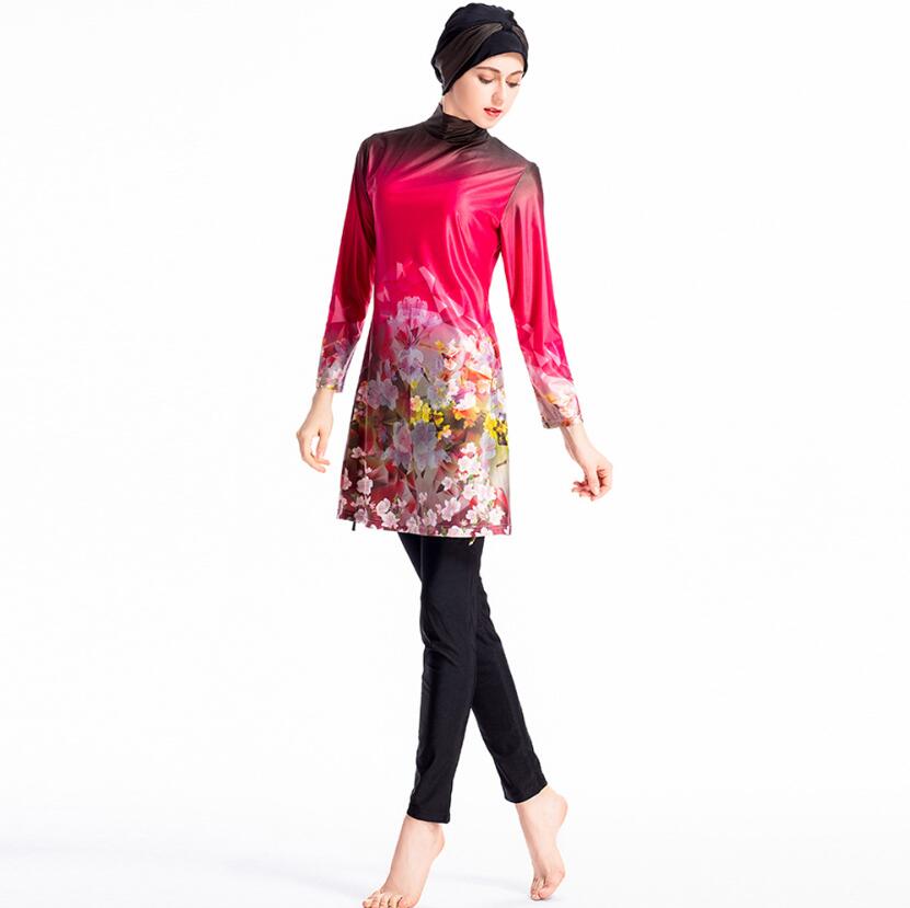 Bañador estampado para mujer, Burkini chino rojo, trajes de baño completos de manga larga, traje de baño musulmán Floral, S-4XL de pesca