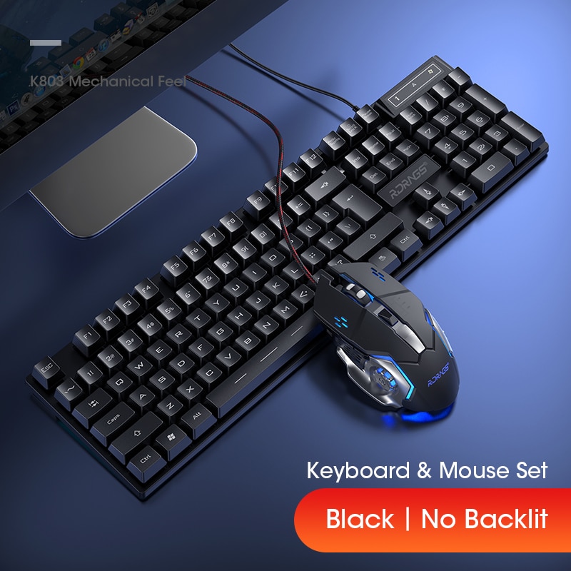 Wired Gaming Keyboard Mouse Gamer Kit PC Gamer Mechanical Feel Keyboards Rainbow Backlight Computer Backlit 104 Keys Keycaps Set: NoLight Combo Black