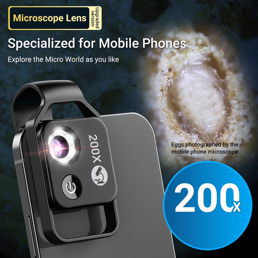 APEXEL 200X magnification microscope lens withCPL mobile LED Light micro pocket macro lenses for iPhone Samsung all smartphones