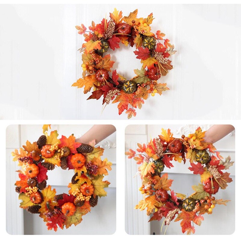 40Cm Kunstmatige Pompoen Krans Herfst Oogst Maple Leaf Zonnebloem Deur Decor Garland Thanksgiving Halloween Party Benodigdheden