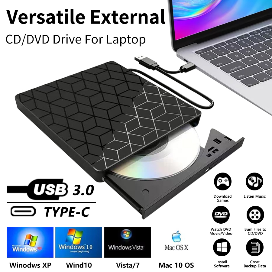 Externes CD/DVD-Laufwerk - USB 3.0 Typ C - 7 in 1 DVD-Recorder - Tragbar für Laptop und Desktop