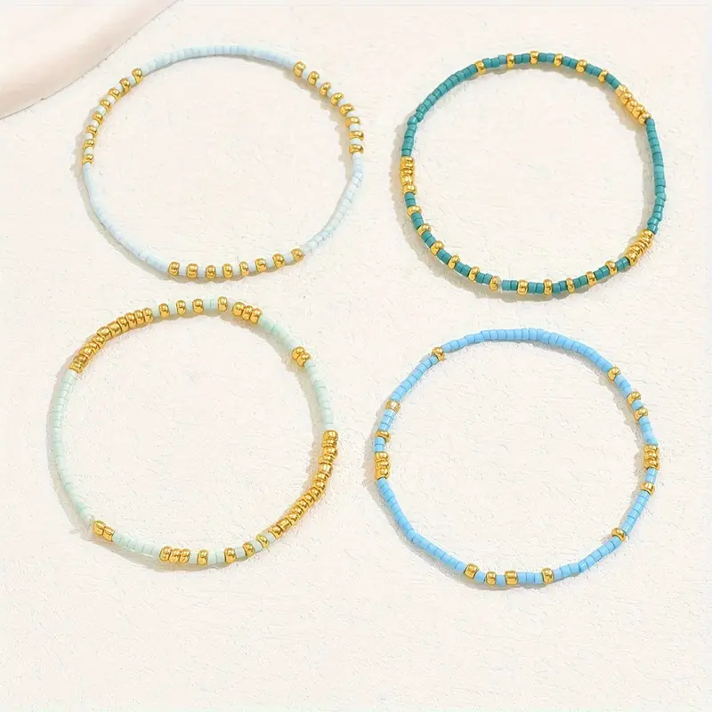 4 Uds. De cuentas de semillas de Color turquesa, conjunto de pulsera elástica, cuentas de cristal de Color dorado bohemio, joyería elástica hecha a mano para vacaciones para niñas