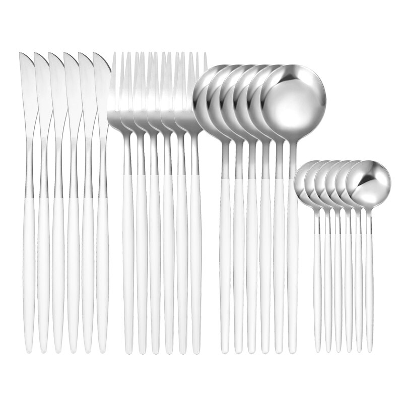 Green Gold 24 Piece Cutlery Cutlery Set Non-fading Cutlery Set Stainless Steel Cutlery Dinner Kitchen Household Knives: 24Pcs White Silver