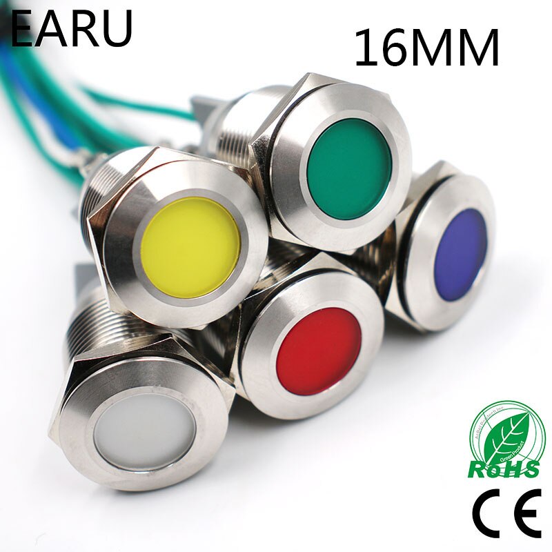 16mm Waterproof IP67 LED Metal Indicator Pilot Light Signal Lamp 3V 5V 6V 12V 24V 220V Red Green Blue Green PC Car Machine Power