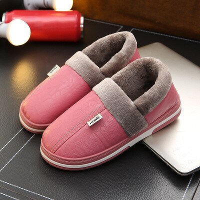 Män vintertofflor manliga inomhus bomullsflip flops skor dam pu läder vattentät varm hem toffel stor storlek: Rosa / 38-39